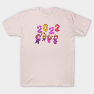 Cute Kids Holding Balloon New Year 2022 Cartoon T-Shirt